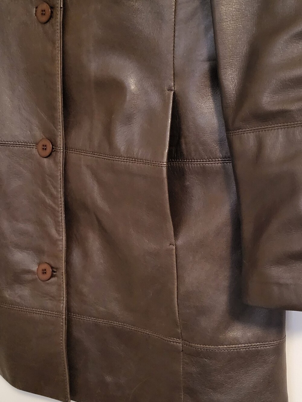 Vintage Danier Mid-length Leather Jacket Trench Coat w Pockets Sz S Dark Brown - Picture 5 of 16